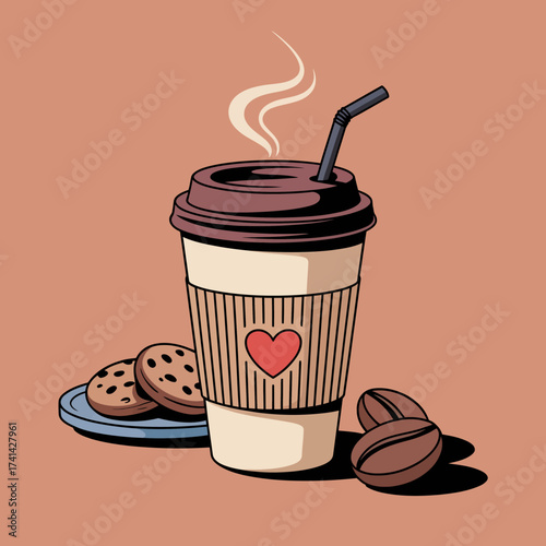This inviting coffee cup, adorned with a heart, surrounded by cookies and coffee beans, encapsulates warmth, comfort, and the joy of shared moments over delightful beverages.