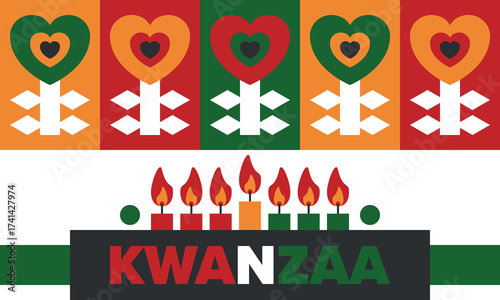 Kwanzaa Happy Celebration. African and African-American culture holiday. Seven days festival, celebrate annual from December 26 to January 1. Black history. Poster, card, banner and background. Vector