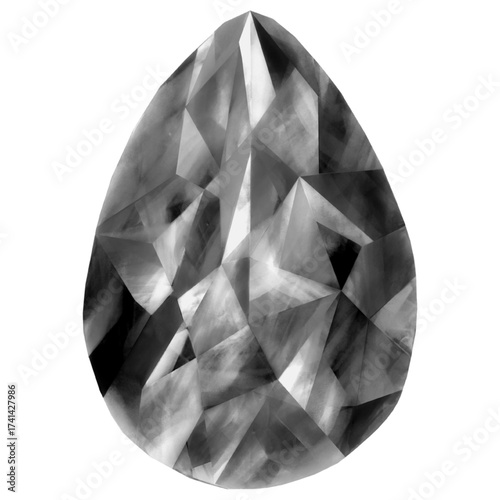 beautiful teardrop-shaped gemstone illustration, monochrome crystal-like illustration with transparency