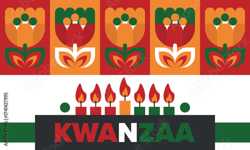Kwanzaa Happy Celebration. African and African-American culture holiday. Seven days festival, celebrate annual from December 26 to January 1. Black history. Poster, card, banner and background. Vector