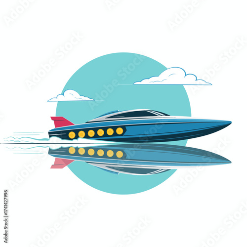 A modern boat speeding across serene waters with a sleek design and reflection, highlighted by a backdrop of soft clouds in a circular turquoise setting.