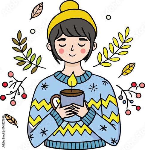 Cozy Autumn Illustration a Girl Holding a Warm Cup With Leaves and Branches Around Her