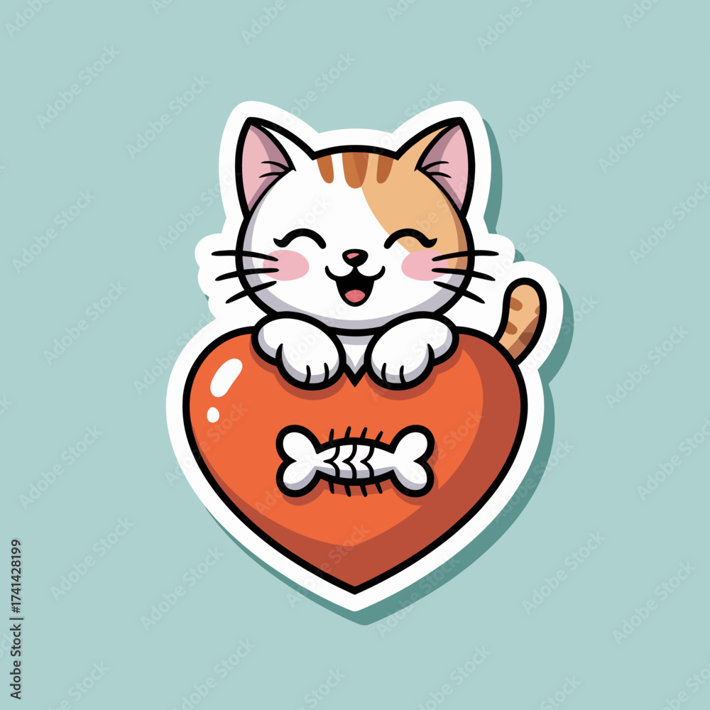 Obraz premium This cheerful illustration depicts a happy cat cradling a heart-shaped symbol with a fish bone, representing love for pets and the joy they bring to our lives.