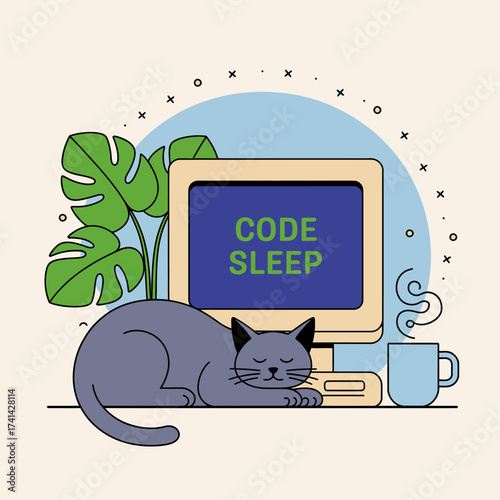 This image features a relaxing scene of a sleeping cat next to a vintage computer that displays the phrase 'CODE SLEEP', symbolizing a playful tech vibe.