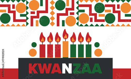 Kwanzaa Happy Celebration. African and African-American culture holiday. Seven days festival, celebrate annual from December 26 to January 1. Black history. Poster, card, banner and background. Vector