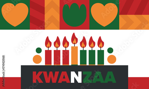Kwanzaa Happy Celebration. African and African-American culture holiday. Seven days festival, celebrate annual from December 26 to January 1. Black history. Poster, card, banner and background. Vector