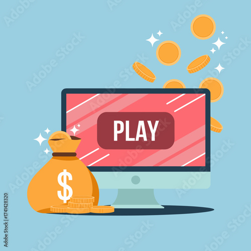 This fun illustration features a digital slot machine with coins and a play button, encapsulating the thrill of online gaming and the entertainment industry.
