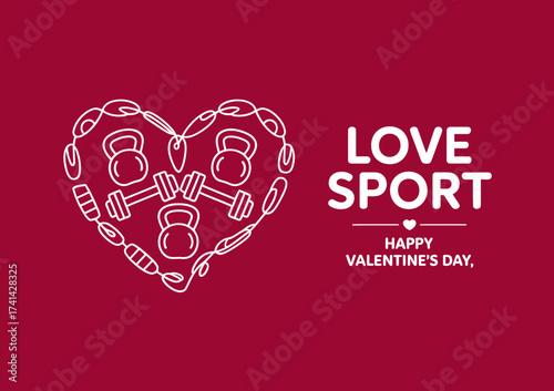 An illustration featuring kettlebells arranged in a heart symbolizes love for fitness. Perfect for Valentine's Day, emphasizing healthy relationships and passion for sports.