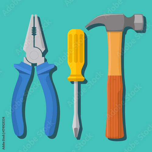 This image displays a set of essential tools, including pliers, a screwdriver, and a hammer, reflecting themes of construction, craftsmanship, and repair work.