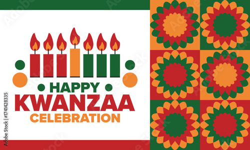 Kwanzaa Happy Celebration. African and African-American culture holiday. Seven days festival, celebrate annual from December 26 to January 1. Black history. Poster, card, banner and background. Vector