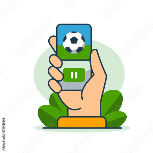 This illustration depicts a hand holding a smartphone featuring a soccer game interface, reflecting the modern trend of viewing sports via mobile devices.