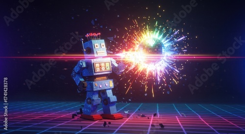 A blue retro robot stands on a neon grid facing a bursting disco ball in a dark space