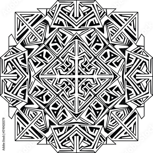 Vector geometric mandala ornament inspired by Toraja carving style, symmetrical abstract octagonal frame design