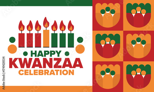 Kwanzaa Happy Celebration. African and African-American culture holiday. Seven days festival, celebrate annual from December 26 to January 1. Black history. Poster, card, banner and background. Vector