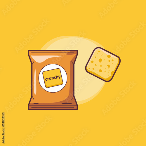 A bright packaging of a crunchy snack alongside a piece of the snack itself, set against a bold yellow backdrop, emphasizing the joy of snacking and visual appeal.