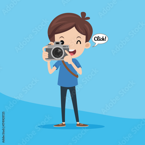 A cheerful young boy holds a camera, excited to take pictures. This image conveys the joy of capturing memories and the innocence of childhood creativity and exploration.
