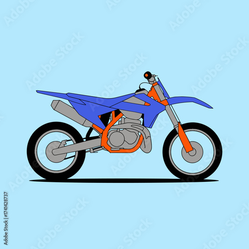 A colorful illustration of a blue motorcycle designed with bold lines, representing speed and adventure, suitable for automotive or sport-themed promotions.
