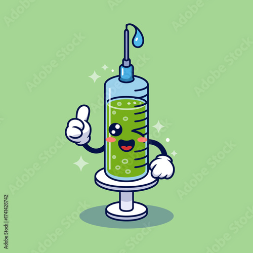 This image presents a cheerful cartoon syringe character with a green liquid, playfully combining healthcare and positivity, representing wellness and a fun approach to medical themes.