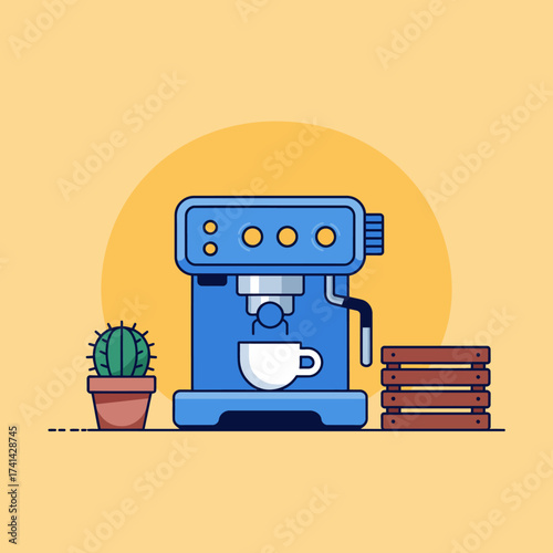 An aesthetically pleasing coffee machine accompanied by a cactus and wooden coasters, exemplifies a cozy cafe atmosphere for coffee lovers and enthusiasts.