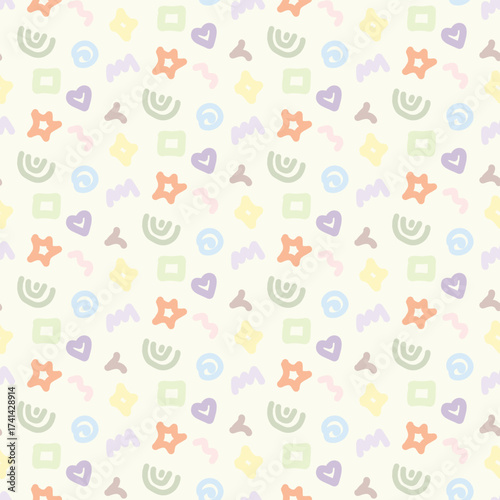 Seamless pattern of hearts, spirals, sparkles, rectangles, stars, rainbows and zigzag waves in cute pastel colors. Light yellow background for children's clothing,templates,wrapping paper,cover book