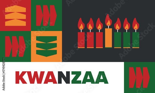 Kwanzaa Happy Celebration. African and African-American culture holiday. Seven days festival, celebrate annual from December 26 to January 1. Black history. Poster, card, banner and background. Vector