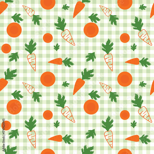 A seamless pattern of whole carrots with orange slices and cute green leaves. A light green gingham or checkered background for textiles, tablecloths, vegetable packaging, children's clothing, napkin