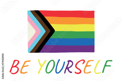 Colorful Lgbtq progress pride flag Happy pride day LGBTQ community Pride Month Vector hand drawn doodle for posters, stickers, logo, cards