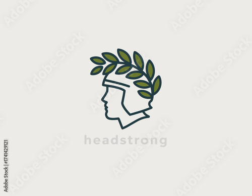 This logo features a stylized helmet surrounded by olive leaves, symbolizing strength, bravery, and resilience in a modern and artistic representation.