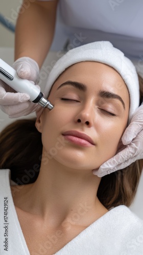 Medical center close-up of a young woman receiving a non-invasive radiofrequency facial for rejuvenation. 