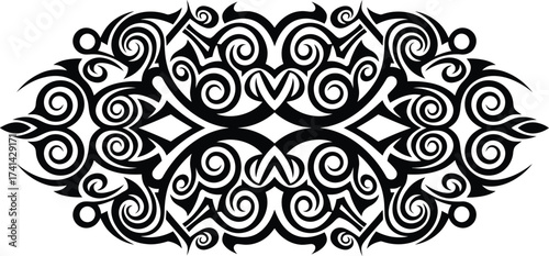 Vector horizontal tribal ornament inspired by Toraja carving style, bold abstract decorative frame design