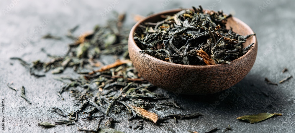 Fototapeta premium The tea leaves in a rustic wooden bowl on a textured stone surface