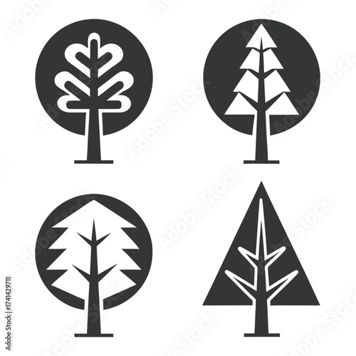 Four stylized dark gray tree icons on white background symbol nature 1