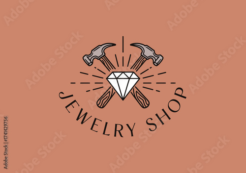 This logo combines a diamond with crossed hammers, symbolizing craftsmanship and luxury in a vintage jewelry shop setting.