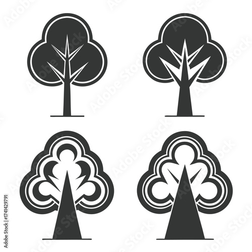 Four stylized dark gray tree icons on white background symbol nature 3