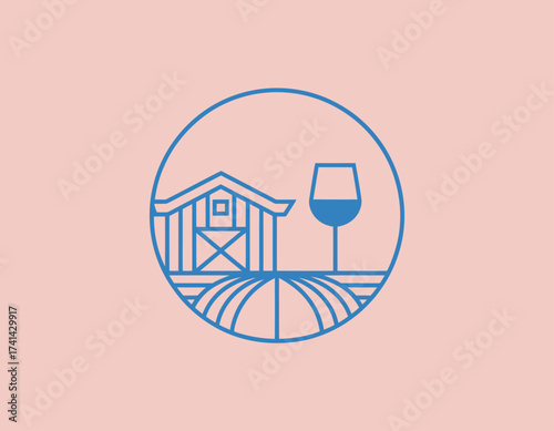 An elegant minimalist illustration of a barn with a wine glass, representing the charm of rural settings and the joy of wine culture, suitable as a logo for vineyards.