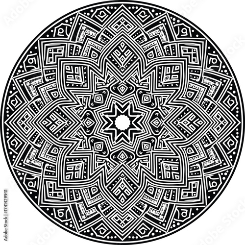 Vector intricate circular mandala ornament inspired by Toraja carving pattern, detailed abstract decorative geometric design