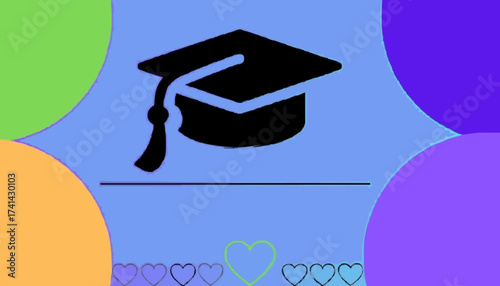 Minimalist graduation-themed illustration featuring a black graduation cap icon centered on a blue-to-purple gradient background. Surrounded by colorful circular shapes in green, orange, and purple wi