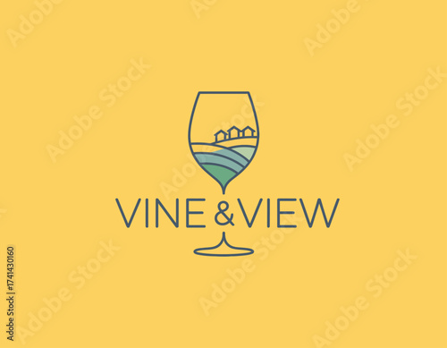A charming logo featuring a wine glass showcases vineyards and landscapes, symbolizing relaxation and indulgence. Perfect for wineries and vineyards focusing on quality and experience.