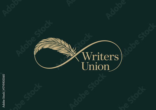 An artistic logo representing a writers union, elegantly combining a quill and infinity symbol, symbolizing creativity, expression, and the endless journey of writing.
