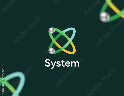 This abstract icon represents a system with an atomic structure, featuring interconnected orbits and nodes, ideal for technology or science-related branding.