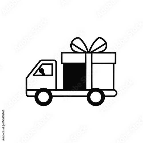 Line Art Delivery Truck Transporting a Wrapped Gift Box Icon—Use in Holiday Shipping, E-Commerce Projects, Surprise Packages, Online Shopping Projects, and Logistics Designs