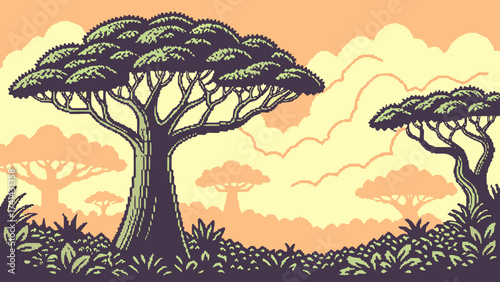 Digital Savannah Landscape: A stylized digital illustration depicts a sun-drenched savannah landscape with towering trees.