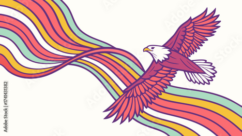 Soaring Eagle: An majestic eagle with outstretched wings soars against a backdrop of vibrant rainbow stripes, illustrating freedom and potential.