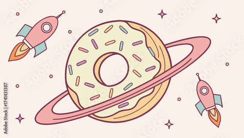 Cosmic Doughnut Voyage: A whimsical illustration transports viewers to a fantastical universe, where a delectable doughnut orbits like a planet.