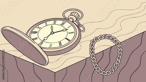 Timeless Treasures: An antique pocket watch and a delicate bracelet sit in a meticulously illustrated display. Capturing the charm of elegance and the artistry of vintage items.