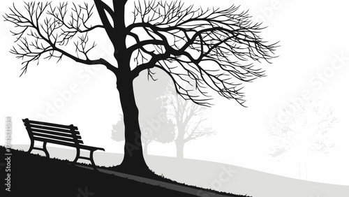Solitary Silhouette: A black and white landscape showcases a solitary tree and bench on a gently sloping hill, evoking a sense of tranquility and solitude amidst a minimalist artistic design.