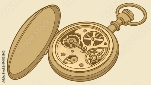 Vintage Timepiece: A close-up illustration of a classic pocket watch, open to reveal the intricate gears and mechanisms of time. It is a vintage design, symbolizing timelessness and precision.