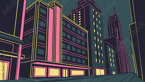 Neon Metropolis: A vibrant neon-lit cityscape glows against the night, evoking a sense of urban energy and modern architectural design.