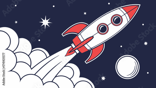 Soaring to New Heights: A retro-styled rocket blasts off into the inky blackness of space, surrounded by a constellation of stars and a crescent moon.