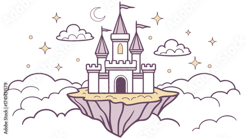 Celestial Fortress: An enchanting, illustrated castle floats amidst a dreamy realm of clouds, stars, and a gentle crescent moon. A whimsical scene, exuding fantasy and wonder.